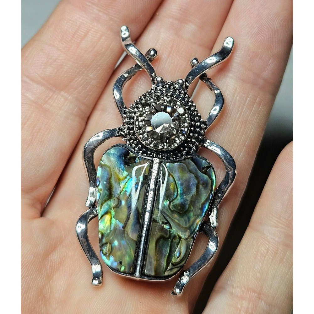 Beetle Brooch Pendant Unisex OS Silver Abalone Shell Crystal Insect